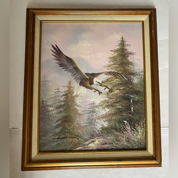 Original Oil Painting By M. Henderson Eagle Flying Through Forest Signed/Framed - Picture 1 of 10